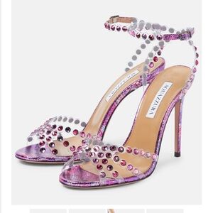 Aquazzura Tequilla Plexi Sandal 105mm. Size 38 fishies, purple, and metallic
